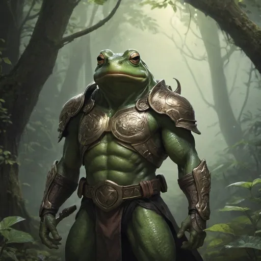 Prompt: Character Description:

Species: Grung (Frog person)
Height: 3 and a half feet tall
Skin: Green, smooth, and shiny, reflecting light in a natural, amphibious way.
Eyes: Black, large, and expressive.
Pose and Appearance:

Build:muscular and buff, with pronounced muscles that stand out, especially in the arms, chest, and legs.
Expression: Determined and vigilant, with a slight grin as he puffs on his tobacco pipe.
Outfit and Equipment:

Armor: Custom-fitted paladin armor, designed to accommodate his small yet powerful frame. The armor should be adorned with symbols of justice and protection, with a polished, metallic finish.
Weapons: Dual-wielding short swords. Each sword has an intricately designed hilt and a sharp, gleaming blade. The swords are held confidently in each hand, ready for battle.
Pipe: A wooden tobacco pipe from which he is smoking, with a small plume of smoke rising up.
Setting:

Environment: A lush, mystical jungle with a fantasy ambiance. Include large, ancient trees with vines, glowing mushrooms, and a misty atmosphere to add depth and mystery to the scene.
Lighting: Soft, dappled sunlight filtering through the canopy, highlighting the character’s armor and muscular form.

Make sure to have him smoking a tobacco pipe