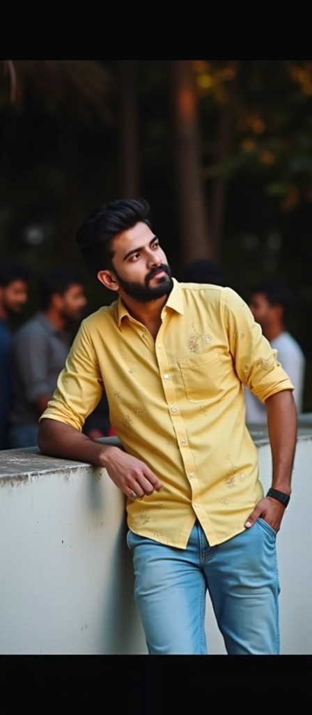 Prompt: Bathed in the warm glow of evening light, a young man with a stylish beard stands confidently against a low wall, his left arm casually resting on it while he tilts his head, gazing over his shoulder with an expressive look. Dressed in a bright yellow shirt adorned with subtle patterns, paired with light blue jeans, he exudes a relaxed yet poised demeanor. Behind him, a faint backdrop reveals a group of people engaged in conversation, with shadows blending into the darkness of the night, accentuating a vibrant social atmosphere. The image captures a moment of casual sophistication, inviting viewers into a lively yet intimate scene.