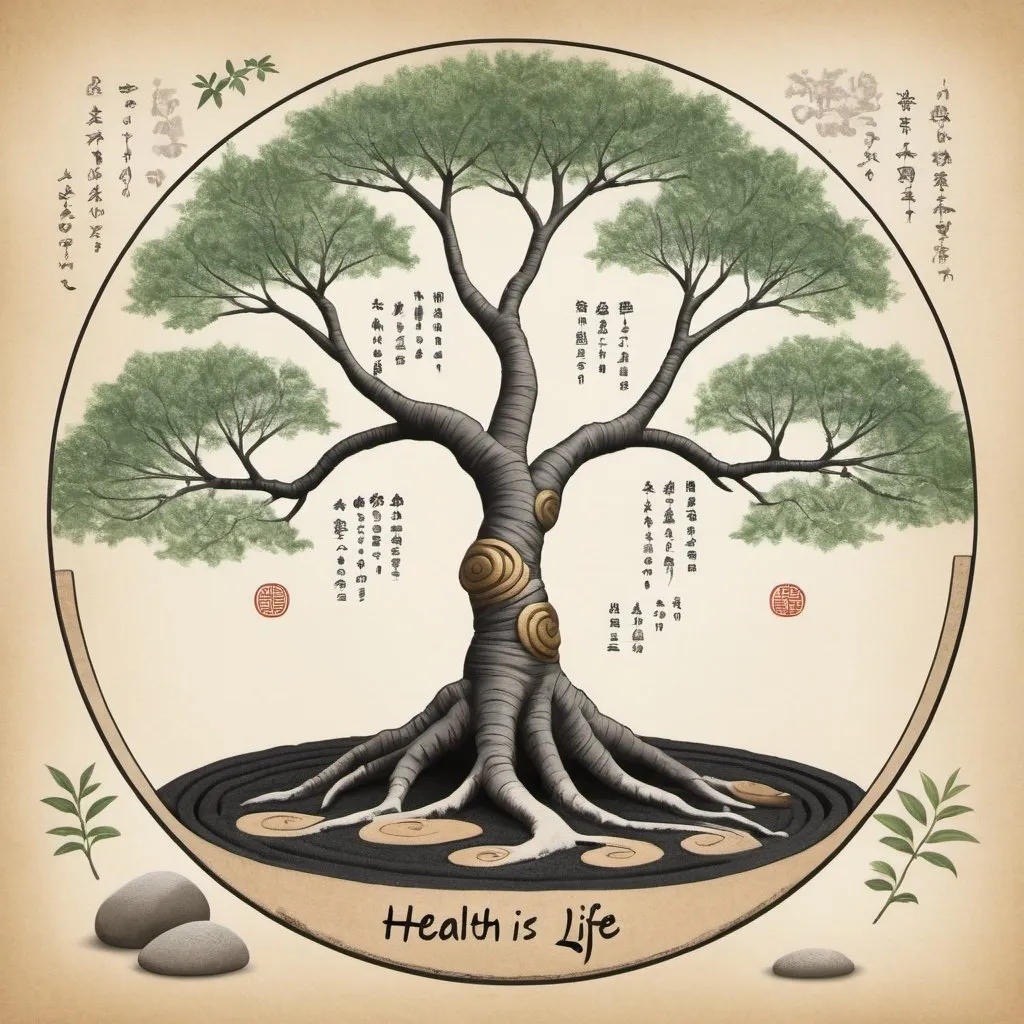 Prompt: draw a zen garden with a central focus on the tree of life in the centre. add the text 'Health is Wealth' below the tree
