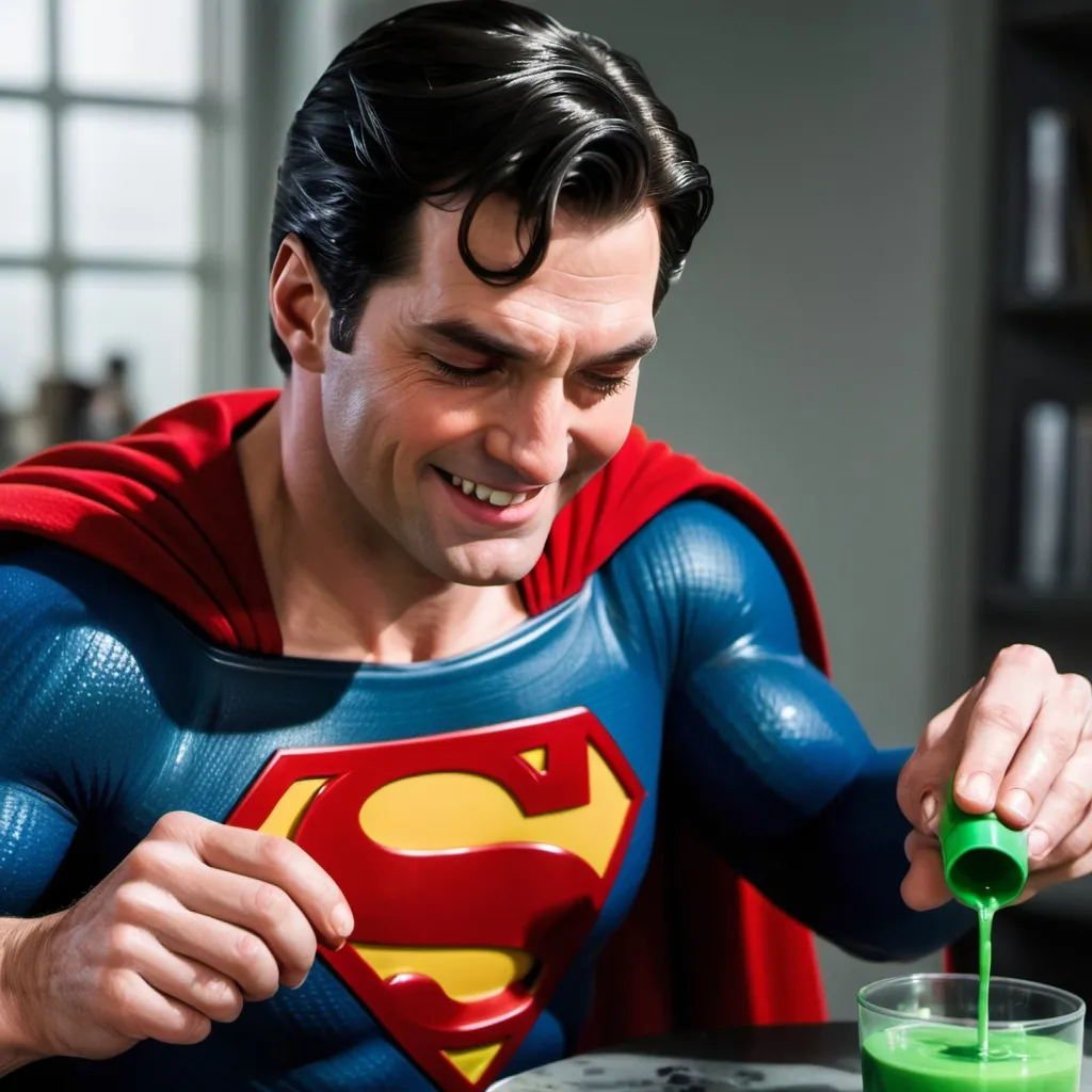 Prompt: close up on superman smiling evily as he pours poison 