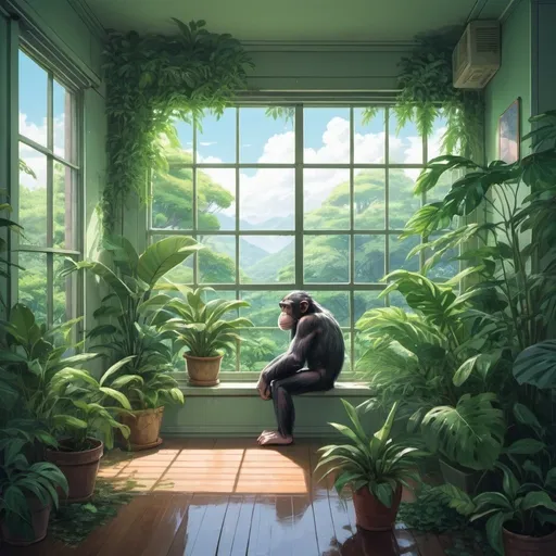 Prompt: Anime of a room filled with lush green plants, cool-toned color palette, anime style, highres, detailed foliage, serene atmosphere, natural lighting, botanical interior, plant-filled room, peaceful ambiance, detailed anime characters, best quality, cool tones, lush foliage, anime, serene atmosphere, natural lighting, chimpanzee sitting at window