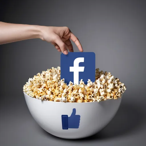 Prompt: popcorn bowl filled with 3d facebook icons, you can see a hand going to grab an icon.