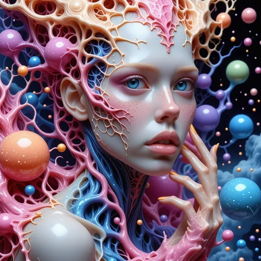 Prompt: a vibrant, surreal digital artwork featuring a humanoid figure with an otherworldly appearance. The figure has a smooth, pale head with large, expressive blue eyes and no hair, instead adorned with flowing, colorful tendrils that extend outward in a cascade of pink, purple, blue, and orange hues. The body is intricately detailed with a textured, almost organic surface, covered in porous, vein-like patterns that give it a cosmic, biological feel. The figure's limbs are elongated and delicate, with some tendrils wrapping around or extending from them, blending into the surrounding space.

The background is a deep, starry cosmos filled with floating, colorful orbs of varying sizes. These orbs glow with swirling patterns of rainbow colors—pink, yellow, blue, and green—resembling planets or bubbles, adding a dreamlike, psychedelic quality to the scene. The overall composition evokes a sense of cosmic creation or an alien entity interacting with a vibrant, abstract universe.