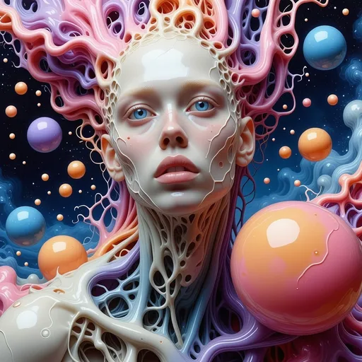 Prompt: a vibrant, surreal digital artwork featuring a humanoid figure with an otherworldly appearance. The figure has a smooth, pale head with large, expressive blue eyes and no hair, instead adorned with flowing, colorful tendrils that extend outward in a cascade of pink, purple, blue, and orange hues. The body is intricately detailed with a textured, almost organic surface, covered in porous, vein-like patterns that give it a cosmic, biological feel. The figure's limbs are elongated and delicate, with some tendrils wrapping around or extending from them, blending into the surrounding space.

The background is a deep, starry cosmos filled with floating, colorful orbs of varying sizes. These orbs glow with swirling patterns of rainbow colors—pink, yellow, blue, and green—resembling planets or bubbles, adding a dreamlike, psychedelic quality to the scene. The overall composition evokes a sense of cosmic creation or an alien entity interacting with a vibrant, abstract universe.