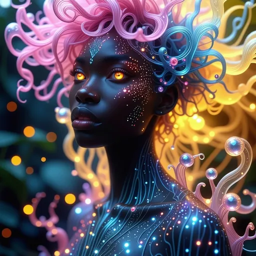 Prompt: A mesmerizing figure emerges from a dreamlike realm, their ethereal features illuminated by vibrant hues of pink, blue, and yellow that swirl and dance around them like a cosmic halo. The character’s large, expressive eyes, framed by intricately designed hair that appears to flow and morph like tendrils, gaze into the distance with a serene, almost otherworldly awareness. Their skin glistens subtly, adorned with bioluminescent accents that mimic the organic forms of jellyfish or alien flora, suggesting a connection to nature or a fantastical ecosystem. The background bursts with color and light, creating a striking contrast that enhances the sense of depth and movement, inviting viewers into a vivid narrative of beauty and intrigue, steeped in the fantastical and the surreal. The overall composition evokes a mood of wonder, curiosity, and reflection, transporting the observer into a vivid, imaginative landscape that transcends reality.