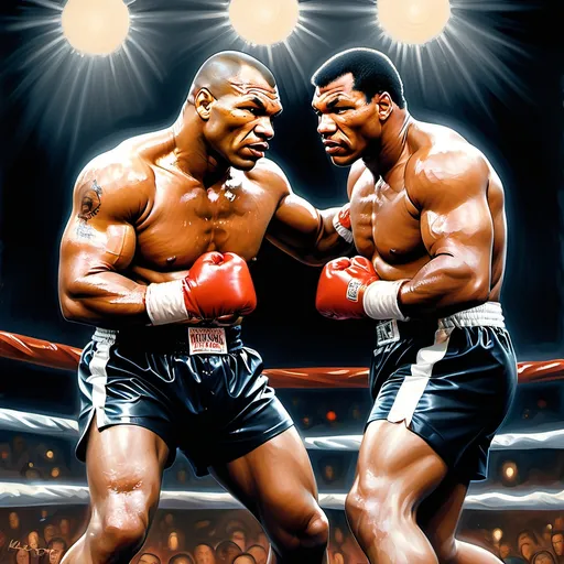Prompt: A cinematic, ultra-realistic digital painting of Mike Tyson in his prime, towering over a dazed and battered Peter McNeeley. Tyson’s muscles are ripped, glistening under the bright arena lights, his fists wrapped and ready to finish the fight. McNeeley is stumbling back, his face swollen, a cut above his eye dripping blood. The referee is seen rushing in, and the roaring crowd in the background is blurred for dramatic focus. The entire scene oozes power, dominance, and intensity, capturing the raw energy of a brutal knockout in the making. Hyper-detailed, cinematic lighting, and ultra-HD textures for maximum realism."

