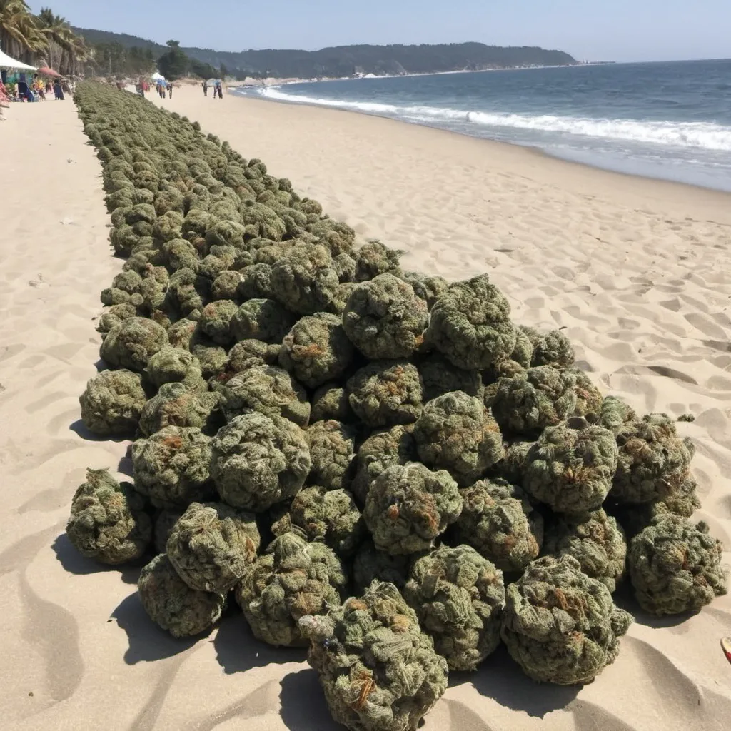 Prompt: imagine 10 tons of marihuana on a beach 