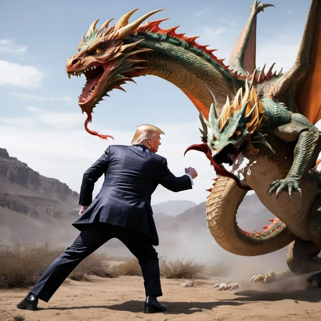 Prompt: imagine donald trump fighting against a dragon 
