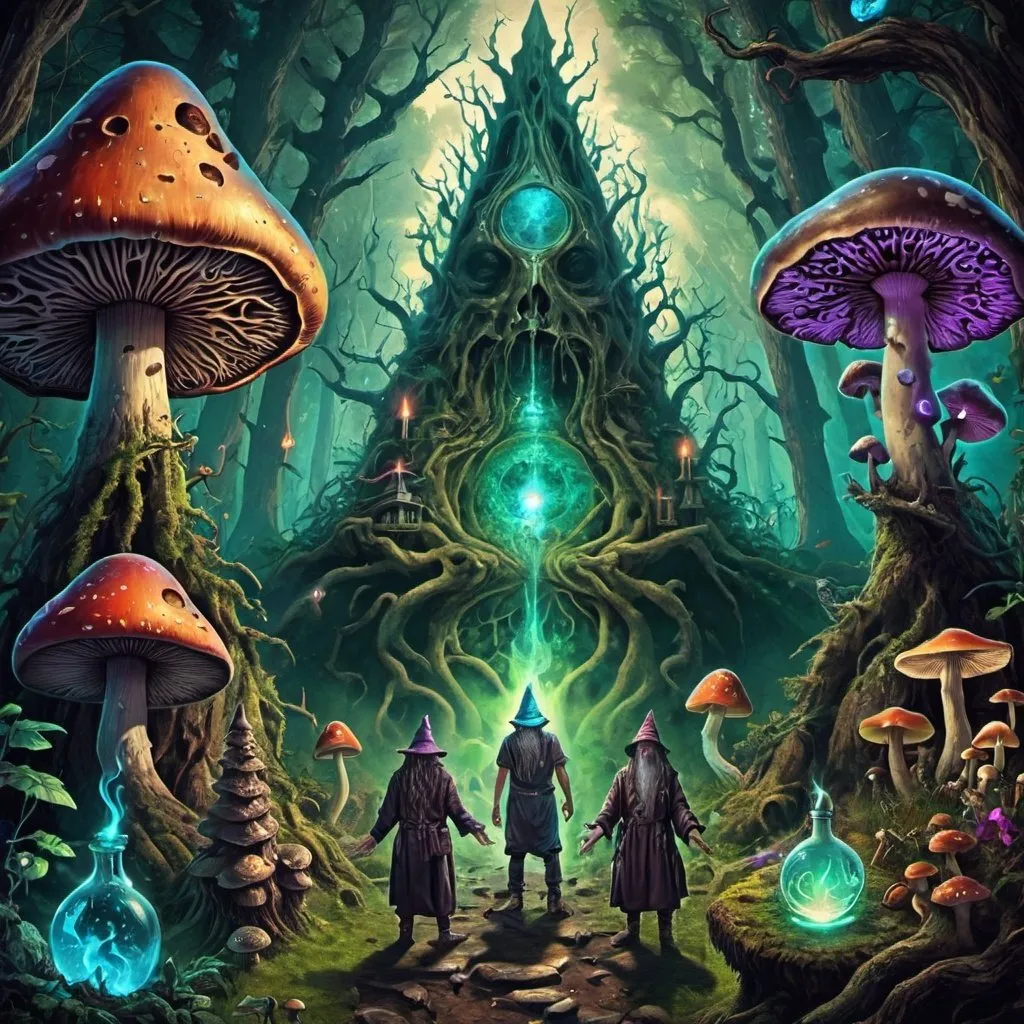 Prompt: psytrance album cover with wizards, spirits, spells, alchemy, chemicals, forest, mushrooms