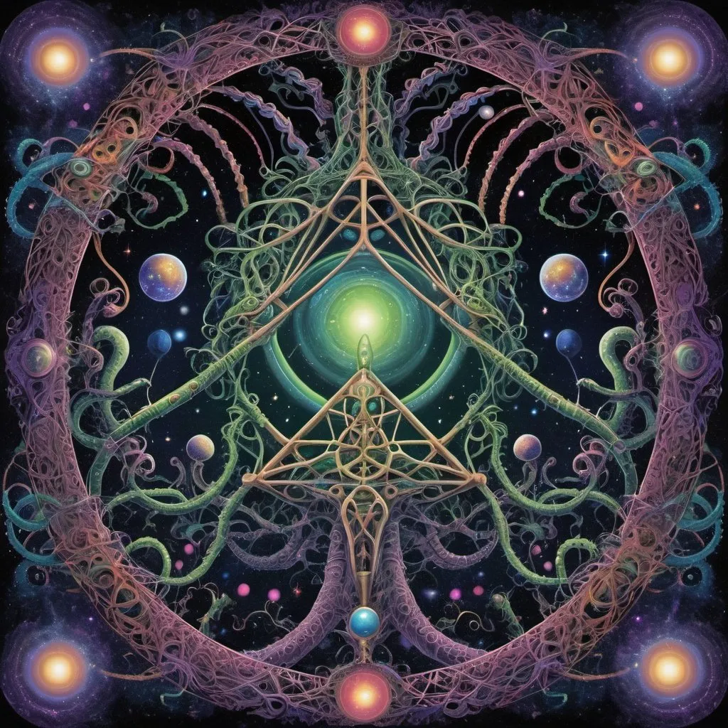 Prompt: complex psychedelic geometry, 4th dimension, intertwining elements, vines, cables, tentacles, reflective, fractals, shapes, 5th dimensional, LSD, dark colours, forest, alien cosmos, milky way galaxy, stars, annunaki, pipes, ufo