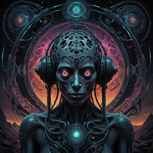 Prompt: a dark psytrance album, abstract, obscure, incapable for humans to understand, does not have to make any sense at all, complete ai imagery with no human elements