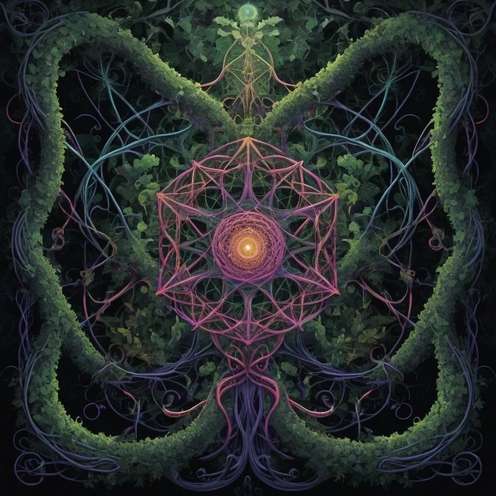 Prompt: complex psychedelic geometry, 4th dimension, intertwining elements, vines, cables, tentacles, reflective, fractals, shapes, 5th dimensional, LSD, dark colours, forest