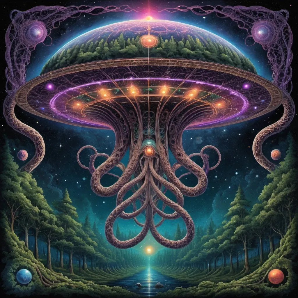 Prompt: complex psychedelic geometry, 4th dimension, intertwining elements, vines, cables, tentacles, reflective, fractals, shapes, 5th dimensional, LSD, dark colours, forest, alien cosmos, milky way galaxy, stars, annunaki, pipes, ufo