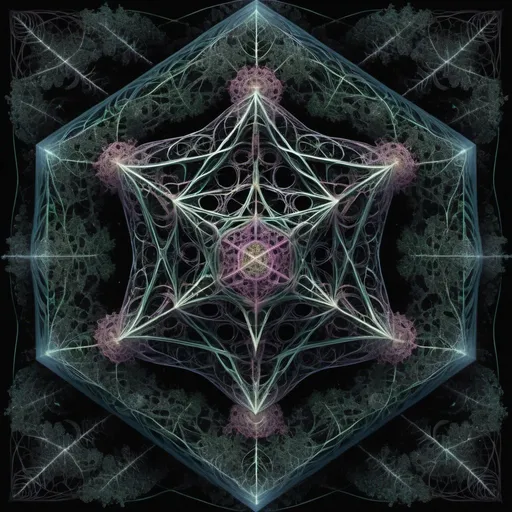 Prompt: intricate dark forest psychedelic geometry encapsulated within metatrons cube, fractals, highly detailed patterns, linear vortexes