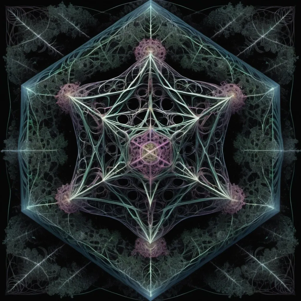 Prompt: intricate dark forest psychedelic geometry encapsulated within metatrons cube, fractals, highly detailed patterns, linear vortexes