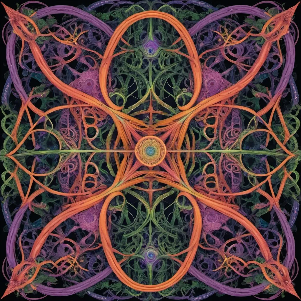 Prompt: complex psychedelic geometry, 4th dimension, intertwining elements, vines, cables, tentacles, reflective, fractals, shapes