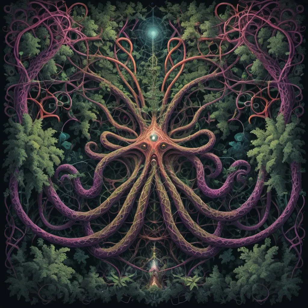 Prompt: complex psychedelic geometry, 4th dimension, intertwining elements, vines, cables, tentacles, reflective, fractals, shapes, 5th dimensional, LSD, dark colours, forest