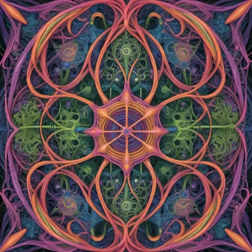 Prompt: complex psychedelic geometry, 4th dimension, intertwining elements, vines, cables, tentacles, reflective, fractals, shapes, 5th dimensional, LSD