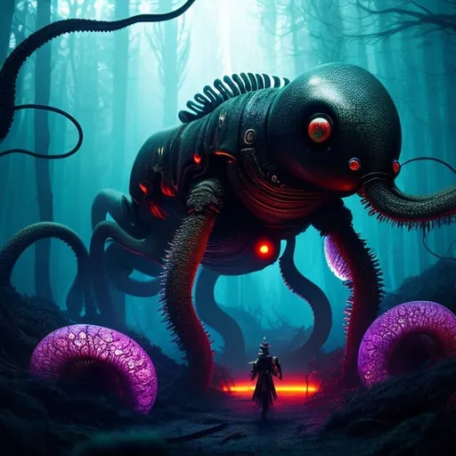 Prompt: surreal fantasy illustration, dark forest, psychedelic, death, robots, machines, fear, aliens, spiders, ants, rodents, radiation, poison, fear, high quality, troll, tentacles, squid, evil, eyes, vibrant colours, intense colours, melting, intricate patterns
