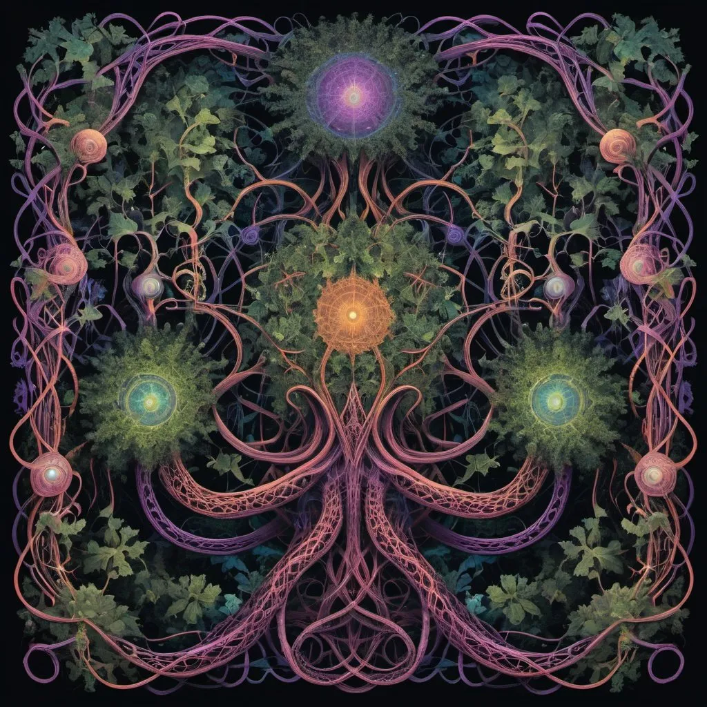 Prompt: complex psychedelic geometry, 4th dimension, intertwining elements, vines, cables, tentacles, reflective, fractals, shapes, 5th dimensional, LSD, dark colours, forest