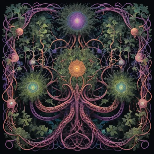 Prompt: complex psychedelic geometry, 4th dimension, intertwining elements, vines, cables, tentacles, reflective, fractals, shapes, 5th dimensional, LSD, dark colours, forest