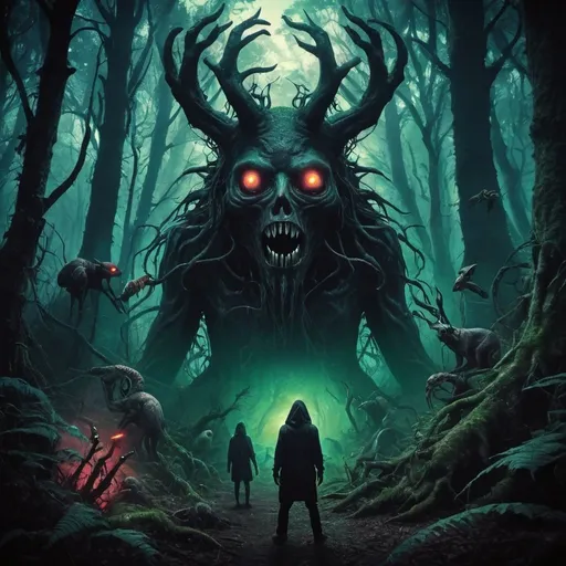 Prompt: creepy dark forest psytrance album cover, include creatures lurking in the background