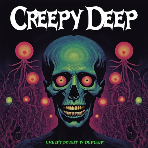 Prompt: dark psychedelic album cover with the text "creepy deep" in a creepy font