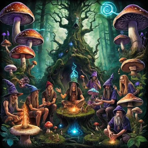 Prompt: psytrance album cover with wizards, spirits, spells, alchemy, chemicals, forest, mushrooms