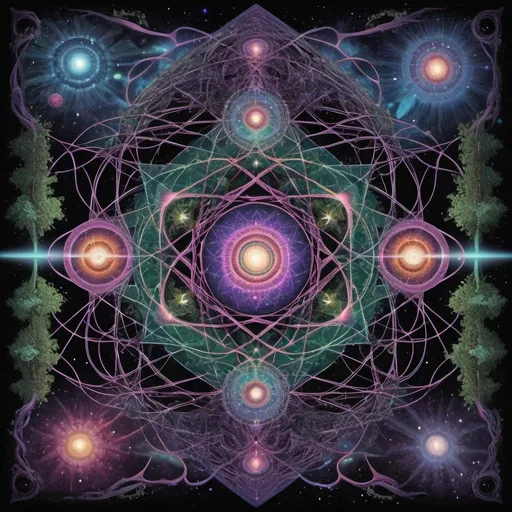 Prompt: complex psychedelic geometry, 4th dimension, intertwining elements, vines, cables, tentacles, reflective, fractals, shapes, 5th dimensional, LSD, dark colours, forest, alien cosmos, milky way galaxy, stars, annunaki