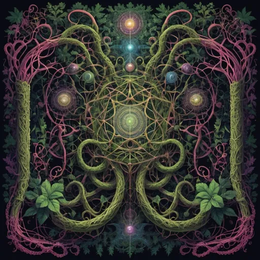 Prompt: complex psychedelic geometry, 4th dimension, intertwining elements, vines, cables, tentacles, reflective, fractals, shapes, 5th dimensional, LSD, dark colours, forest