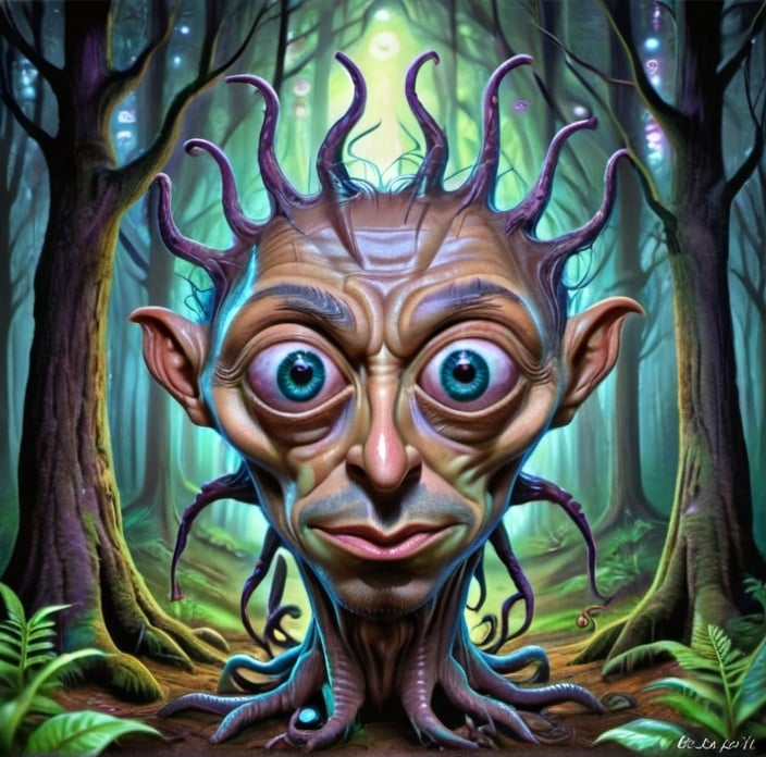 Prompt: dark forest, psychedelic, aliens, spiritual beings, dark colours, evil eyes, entanglement