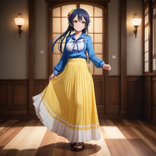 Prompt: Love Live anime Umi Sonoda with large yellow eyes is wearing a maxi long floor-length pleated skirt that is extremely long. She is standing on a wooden floor.