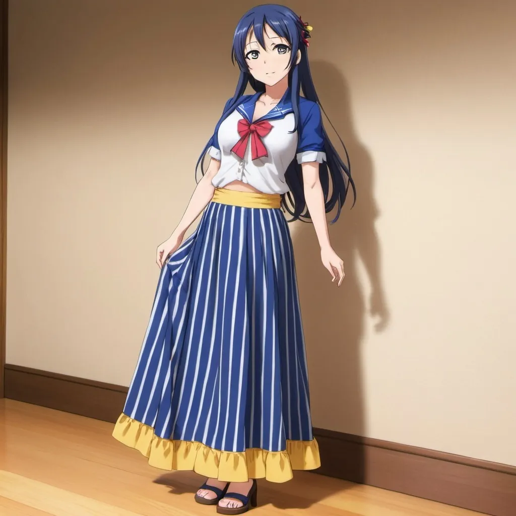 Prompt: Love Live anime Umi Sonoda with large yellow eyes is wearing a maxi long floor-length vertical blue striped skirt that is extremely long. She is standing on a wooden floor.