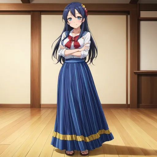 Prompt: Love Live anime Umi Sonoda with large yellow eyes is wearing a maxi long floor-length vertical blue striped skirt that is extremely long. She is standing on a wooden floor.