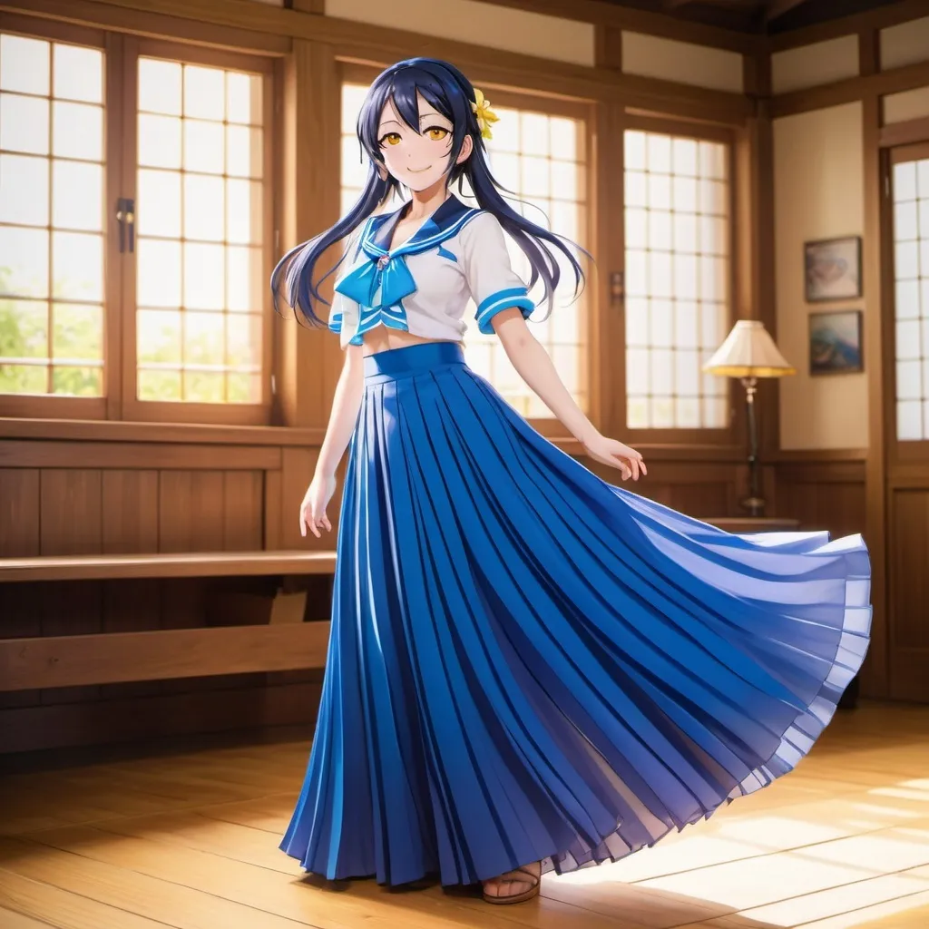 Prompt: Love Live anime Umi Sonoda with large yellow eyes is wearing a maxi long floor-length pleated skirt that is extremely long. She is standing on a wooden floor.