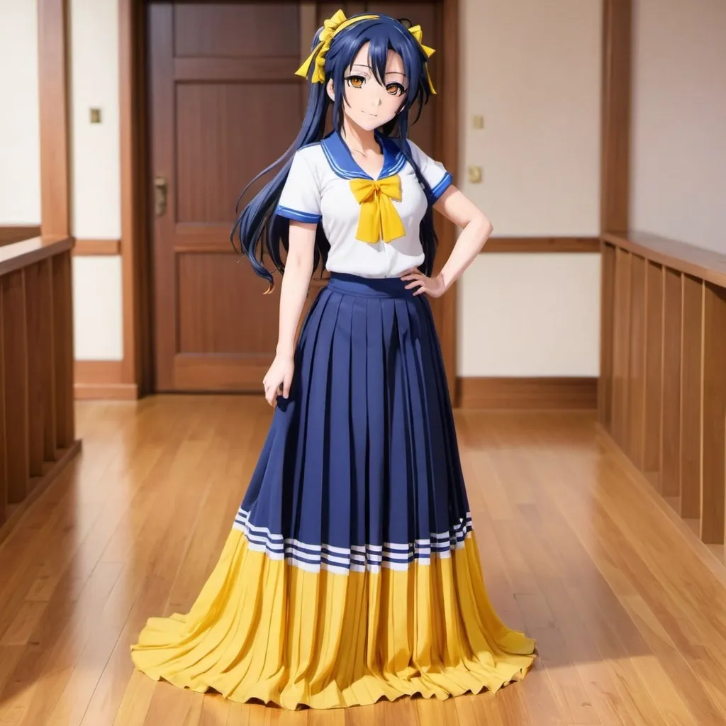 Prompt: Love Live anime Umi Sonoda with large yellow eyes is wearing a maxi long floor-length pleated skirt that is extremely long. She is standing on a wooden floor.