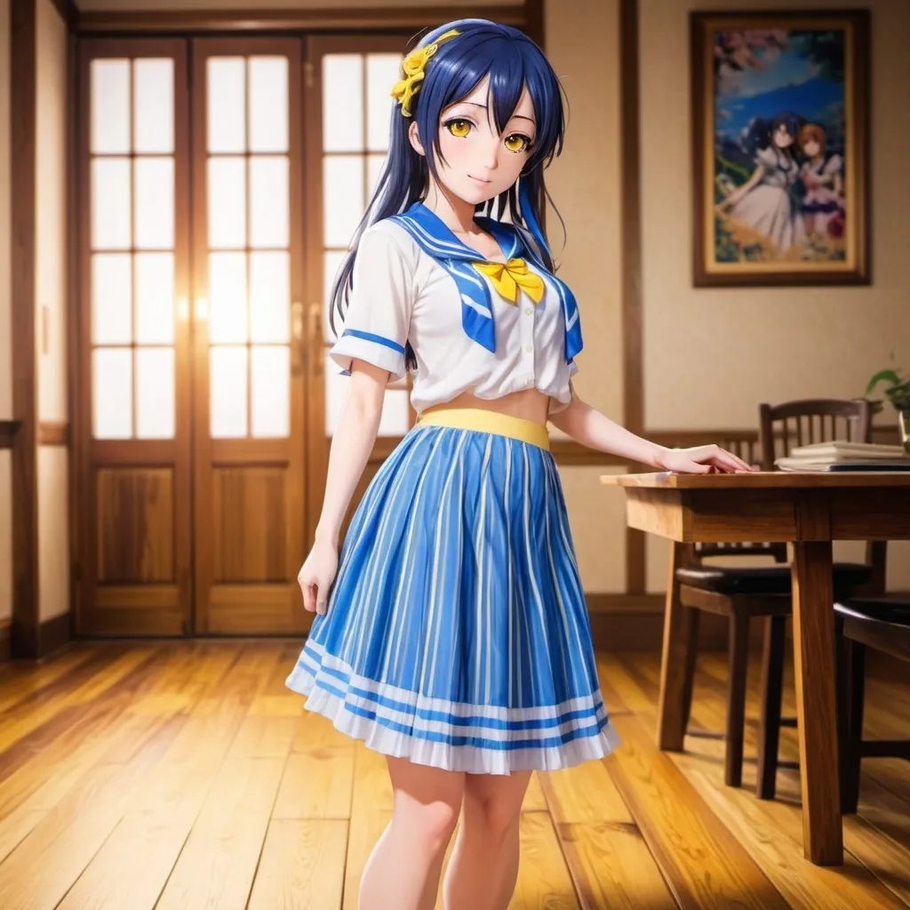 Prompt: Love Live anime Umi Sonoda with large yellow eyes is wearing a maxi long floor-length vertical blue striped skirt that is extremely long. She is standing on a wooden floor.