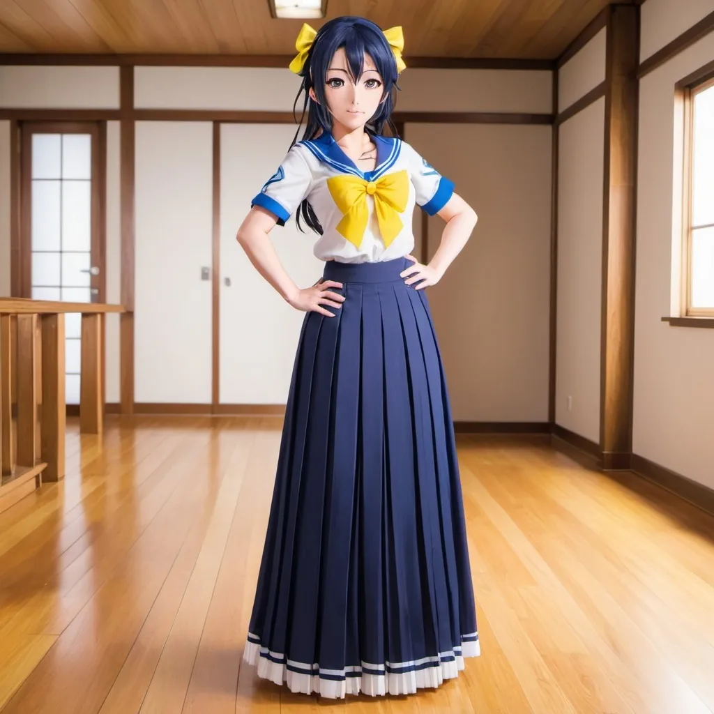 Prompt: Love Live anime Umi Sonoda with large yellow eyes is wearing a maxi long floor-length pleated skirt that is extremely long. She is standing on a wooden floor.