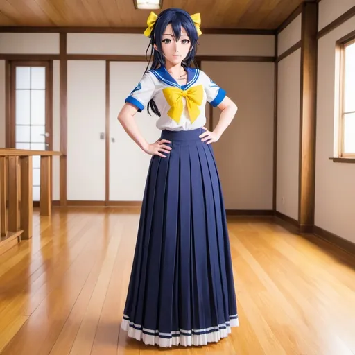 Prompt: Love Live anime Umi Sonoda with large yellow eyes is wearing a maxi long floor-length pleated skirt that is extremely long. She is standing on a wooden floor.