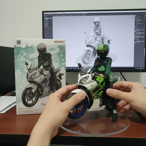 Prompt: Nure two hand gently pick up the figure on the frame and rotate it slightly for inpection.the model in the packaging box remain stationary, while all other background elements stay unchanged.