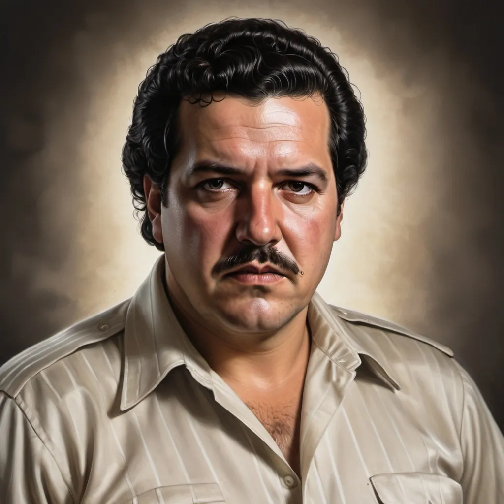 Prompt: photorealistic portrait of Pablo Escobar, intricate facial features and expression, dressed in 1980s attire, high  definition details, dramatic lighting enhancing his enigmatic presence, neutral background with soft focus, conveying a sense of intrigue and power, ultra-detailed, capturing the essence of a notorious figure from history.