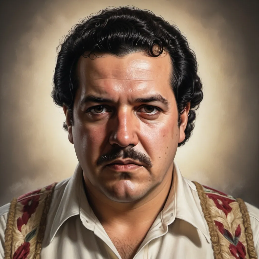 Prompt: photorealistic portrait of Pablo Escobar, intricate facial features and expression, dressed in 1980s attire, high  definition details, dramatic lighting enhancing his enigmatic presence, neutral background with soft focus, conveying a sense of intrigue and power, ultra-detailed, capturing the essence of a notorious figure. Full picture 