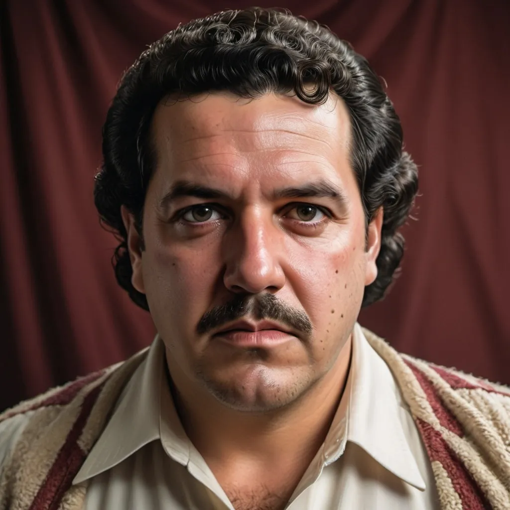 Prompt: photorealistic portrait of Pablo Escobar, intricate facial features and expression, dressed in 1980s attire, high  definition details, dramatic lighting enhancing his enigmatic presence, neutral background with soft focus, conveying a sense of intrigue and power, ultra-detailed, capturing the essence of a notorious figure from history.