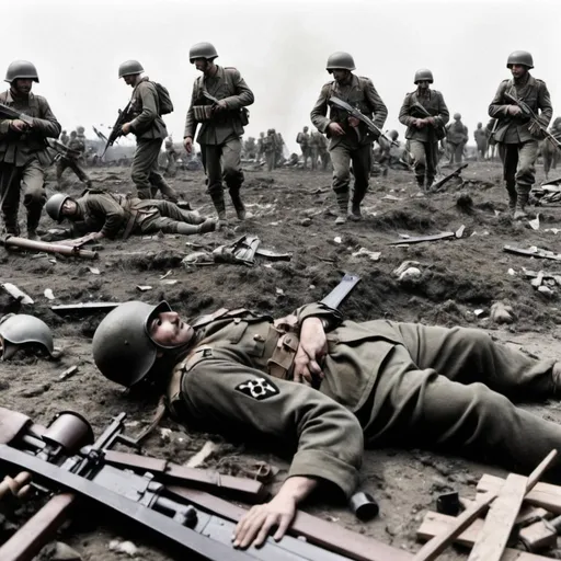Prompt: battaglia ambientata nella prima guerra mondiale  che genera caos , morti, feriti e distruzione 