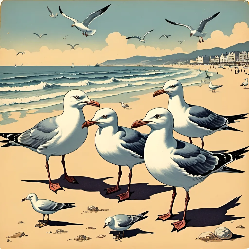 Prompt: vintage illustration of seagulls at the beach