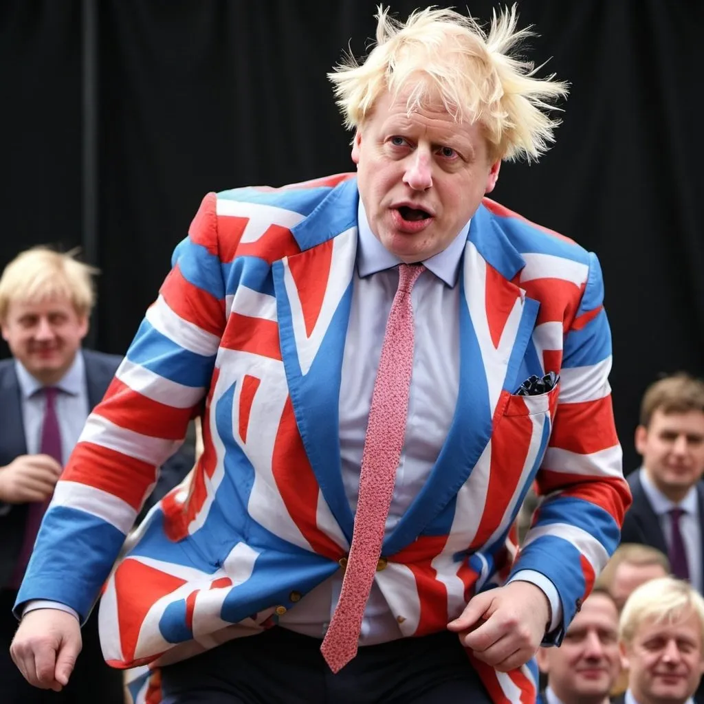 Prompt: Boris Johnson is a ham based javelin, speeding across the brexit wasteland to the circus, where hell be taking a leading role as "fat twat" the clown