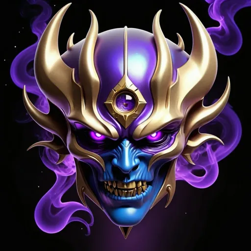 Prompt: A detailed rendering logo, cosmic purple and blue and gold metallic color scheme, dark demon face, smoking eyes
