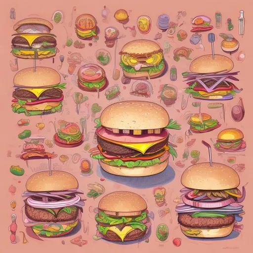 Prompt: Cartoon-style illustration of a burger with legs, vibrant and playful, colorful, cute, cheerful expression, whimsical burger anatomy, artistic interpretation, vibrant colors, detailed shading, playful cartoon style, high quality, vibrant colors, playful, cartoon, whimsical, detailed shading, cheerful, artistic, colorful, cute, detailed anatomy, fun, vibrant lighting