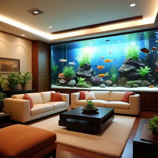 Prompt: living room with aquarium, (serene) ambiance, modern interior design, soft lighting, cozy atmosphere, warm color tones, plush furniture, decorative plants, vibrant fish swimming in the aquarium, elegant wall art, ultra-detailed, inviting space, natural light filtering through windows, tranquil home decor, peaceful retreat, high-definition quality.