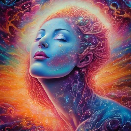 Prompt: Enlightened woman ascending to a 12D plane, ethereal, vibrant, high-dimensional, abstract art, heavenly glow, surreal colors, transcendent, spiritual awakening, detailed facial features, surreal, vibrant, cosmic, highres, ultra-detailed, abstract art, surreal colors, ethereal glow, spiritual, cosmic, multidimensional, vibrant, atmospheric lighting